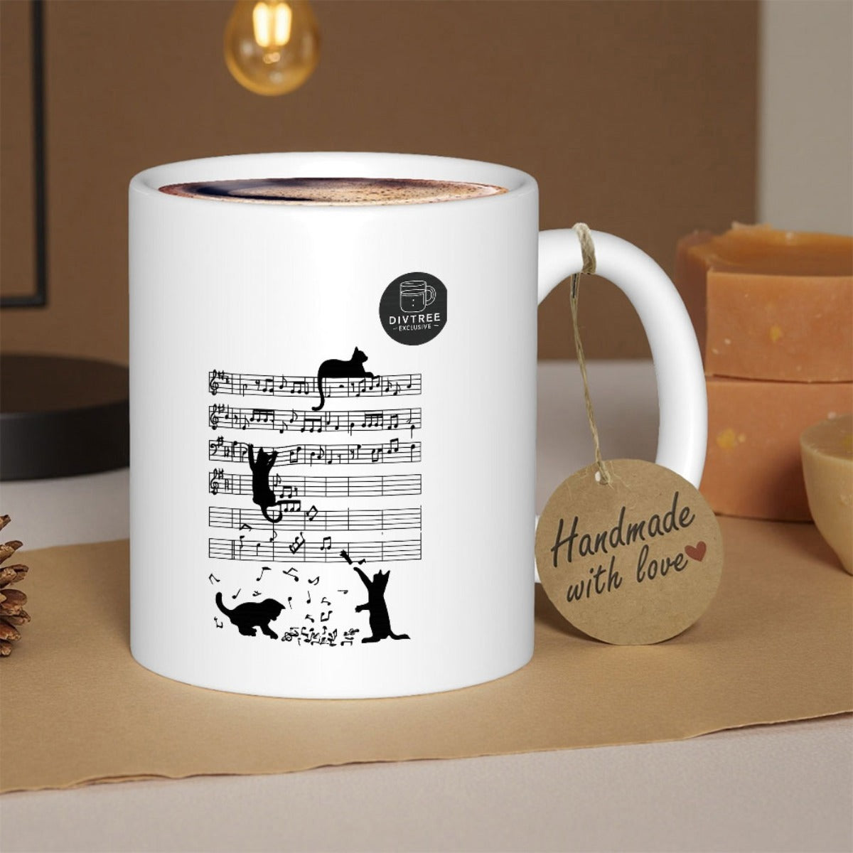 Tailorly White Ceramic 11 oz Mug - Playful Black Kittens Climbing Along Vintage Musical Sheet Staff Cat