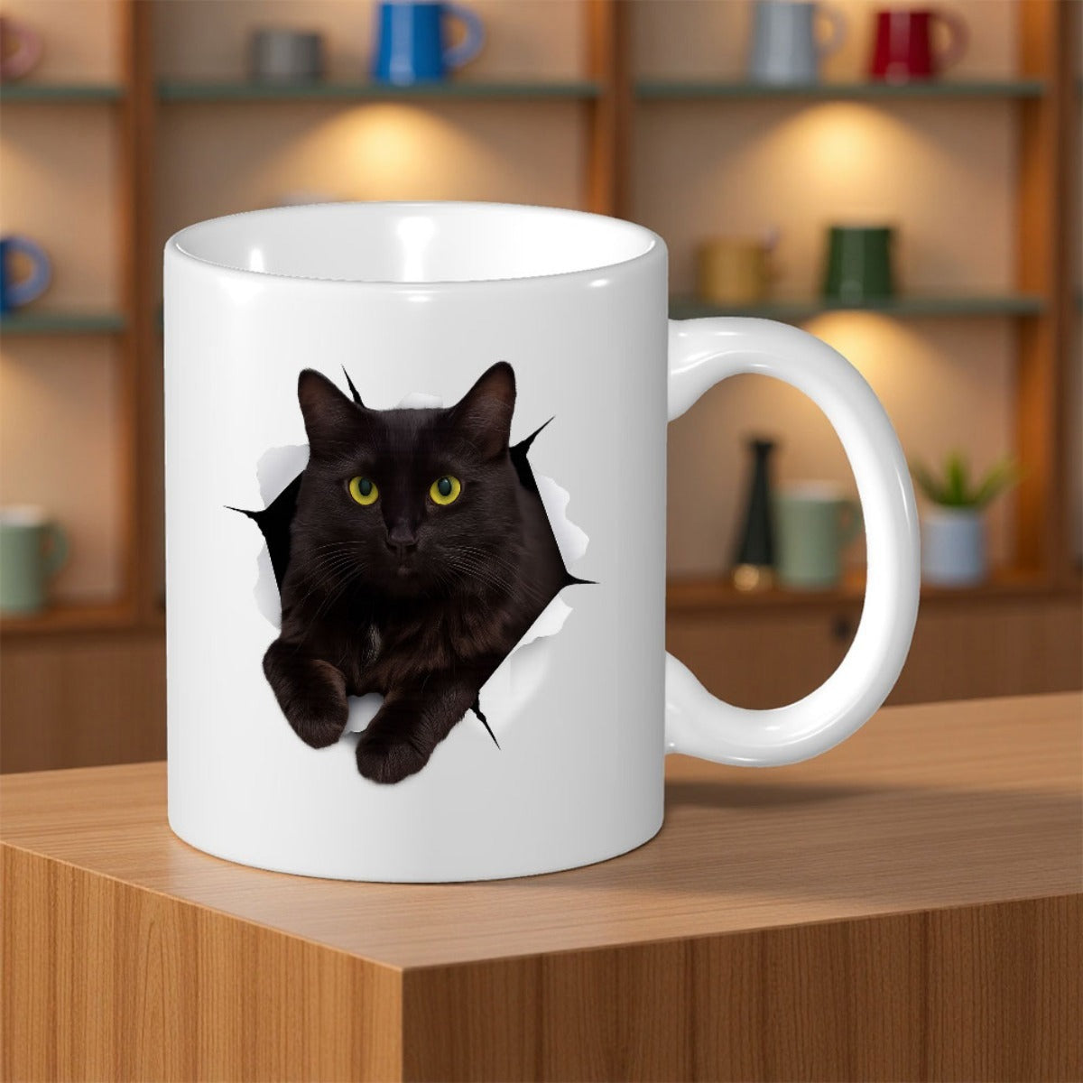 Tailorly White Ceramic 11 oz Mug - Realistic Black Feline With Golden Eyes Peeking Through White Torn Paper Cat