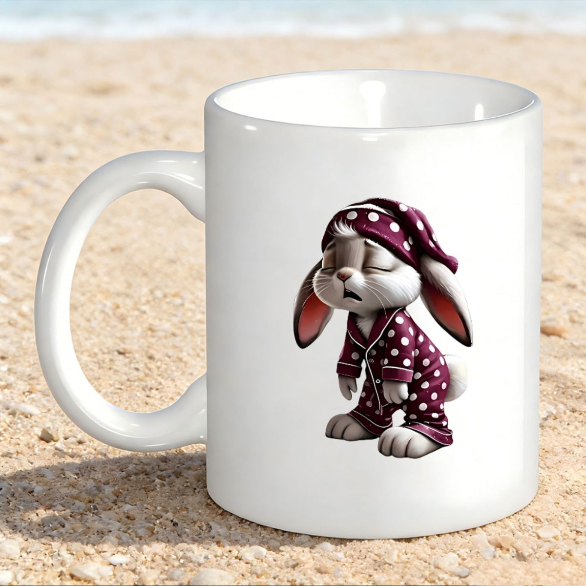 Tailorly White Ceramic 11 oz Mug - Adorable Sleepy Cartoon Wearing Maroon Polka Dot Pajamas And Nightcap Rabbit