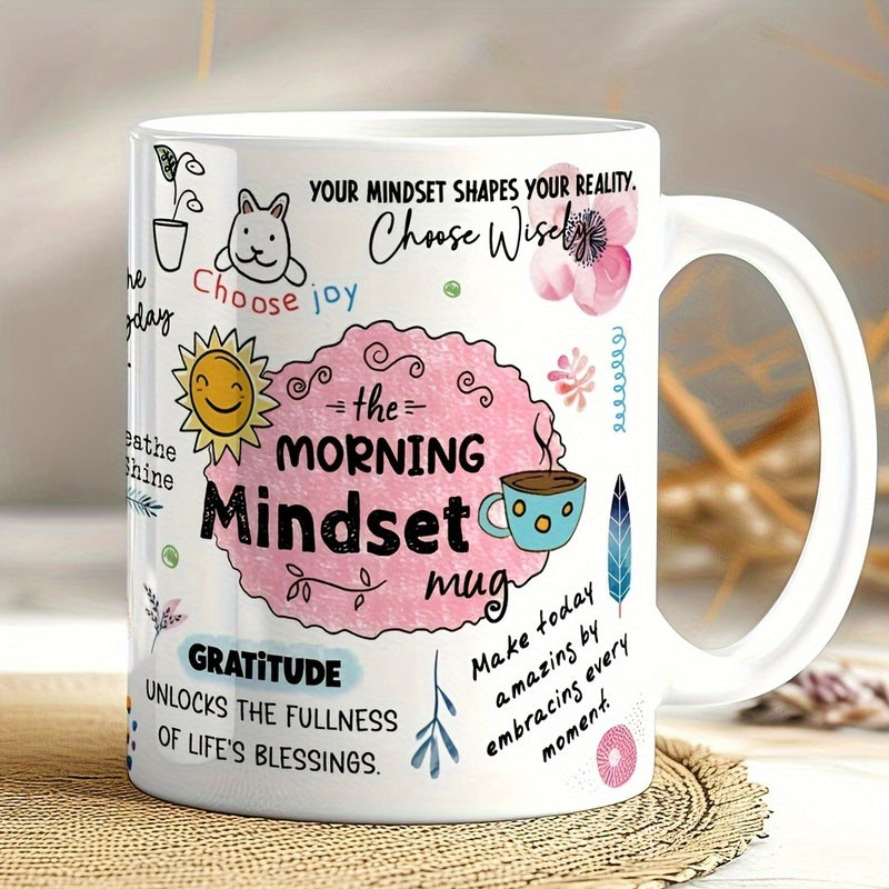 Tailorly White Ceramic 11 oz Mug - The Morning Mindset Whimsical Hand Drawn Doodles With Sun And Coffee Cup Mug