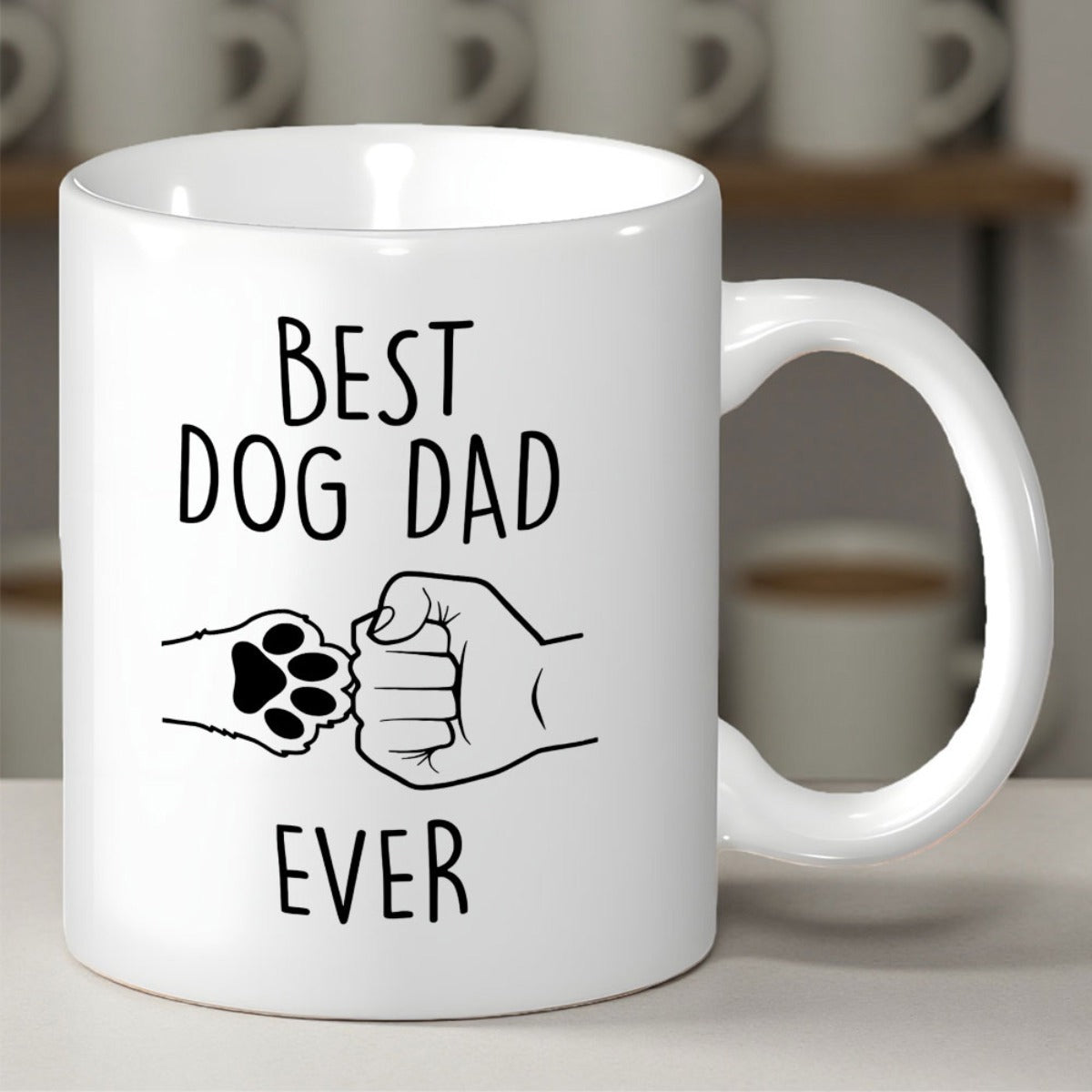Tailorly White Ceramic 11 oz Mug - Best Dog Dad Ever Minimalist Line Art Human Fist Bumping A Small Furry Canine Paw