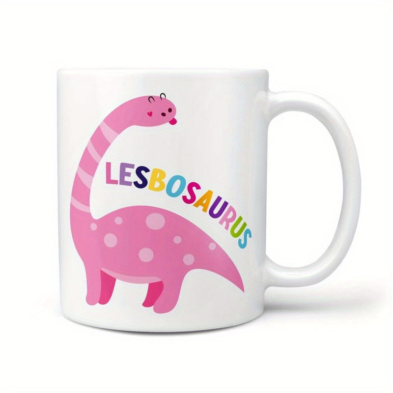 Tailorly White Ceramic 11 oz Mug - Lesbosaurus Adorable Spotted Pink Long Neck Brachiosaurus Standing Against A White Background Dinosaur