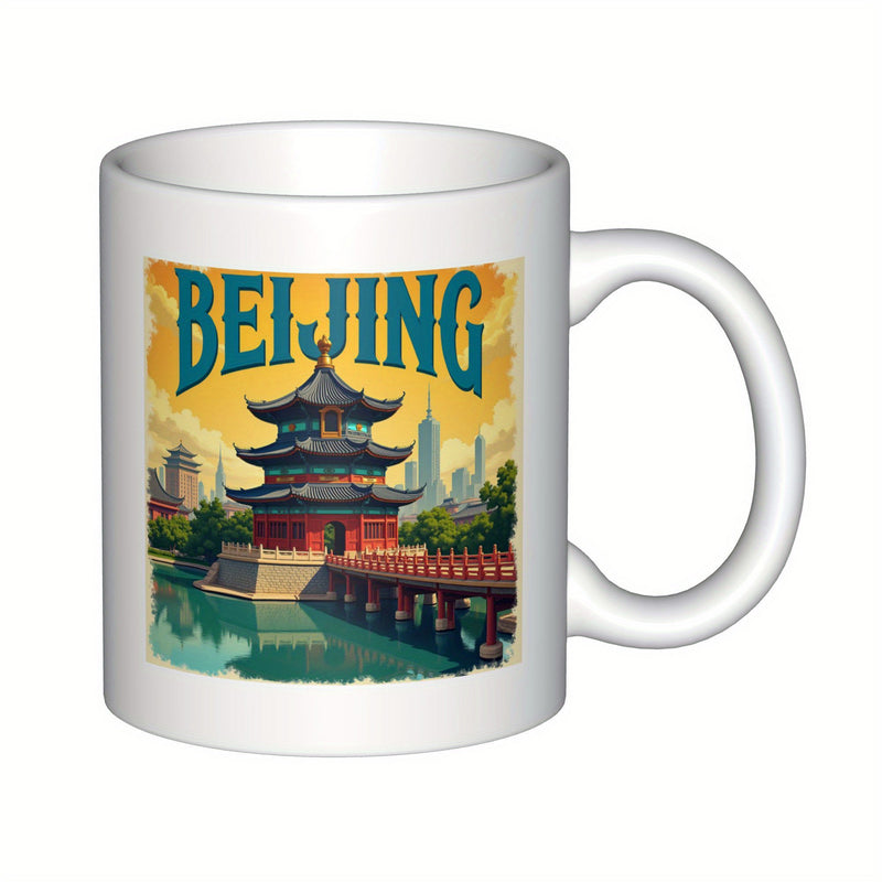 Tailorly White Ceramic 11 oz Mug - Beijing Vintage Style Scenery Of Traditional Chinese Architecture Over Water Pavilion