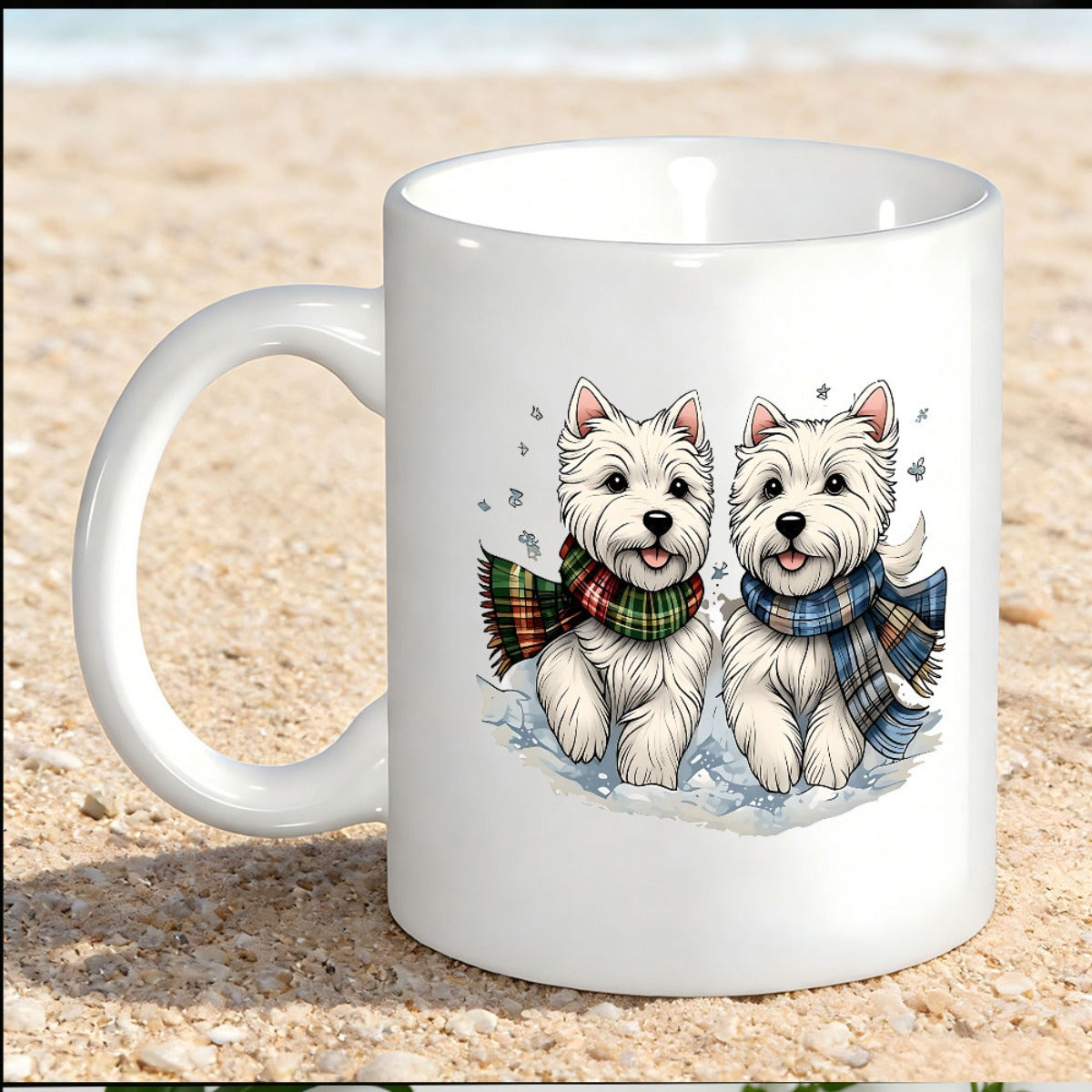 Tailorly White Ceramic 11 oz Mug - Two Adorable Fluffy White Terriers Wearing Plaid Scarves Among Gentle Falling Snow Dogs
