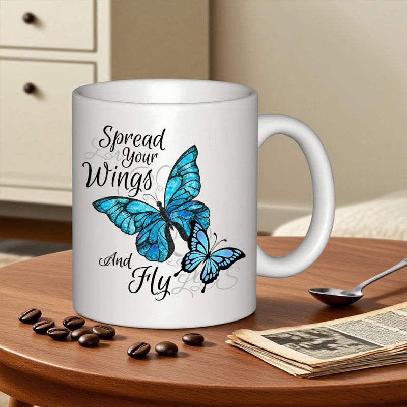 Tailorly White Ceramic 11 oz Mug - Spread Your Wings And Fly Two Vibrant Blue Butterflies Fluttering Gracefully With Elegant Black Decorative Swirling Lines
