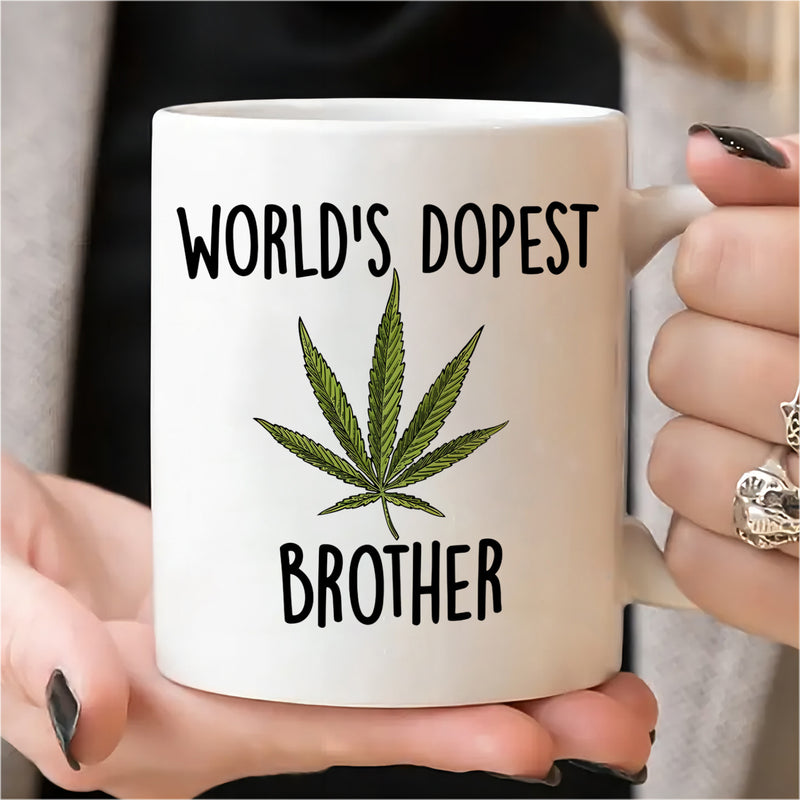 Tailorly White Ceramic 11 oz Mug - Worlds Dopest Brother Vibrant Green Detailed Cannabis Leaf Surrounded By Simple Hand Drawn Text Leaf