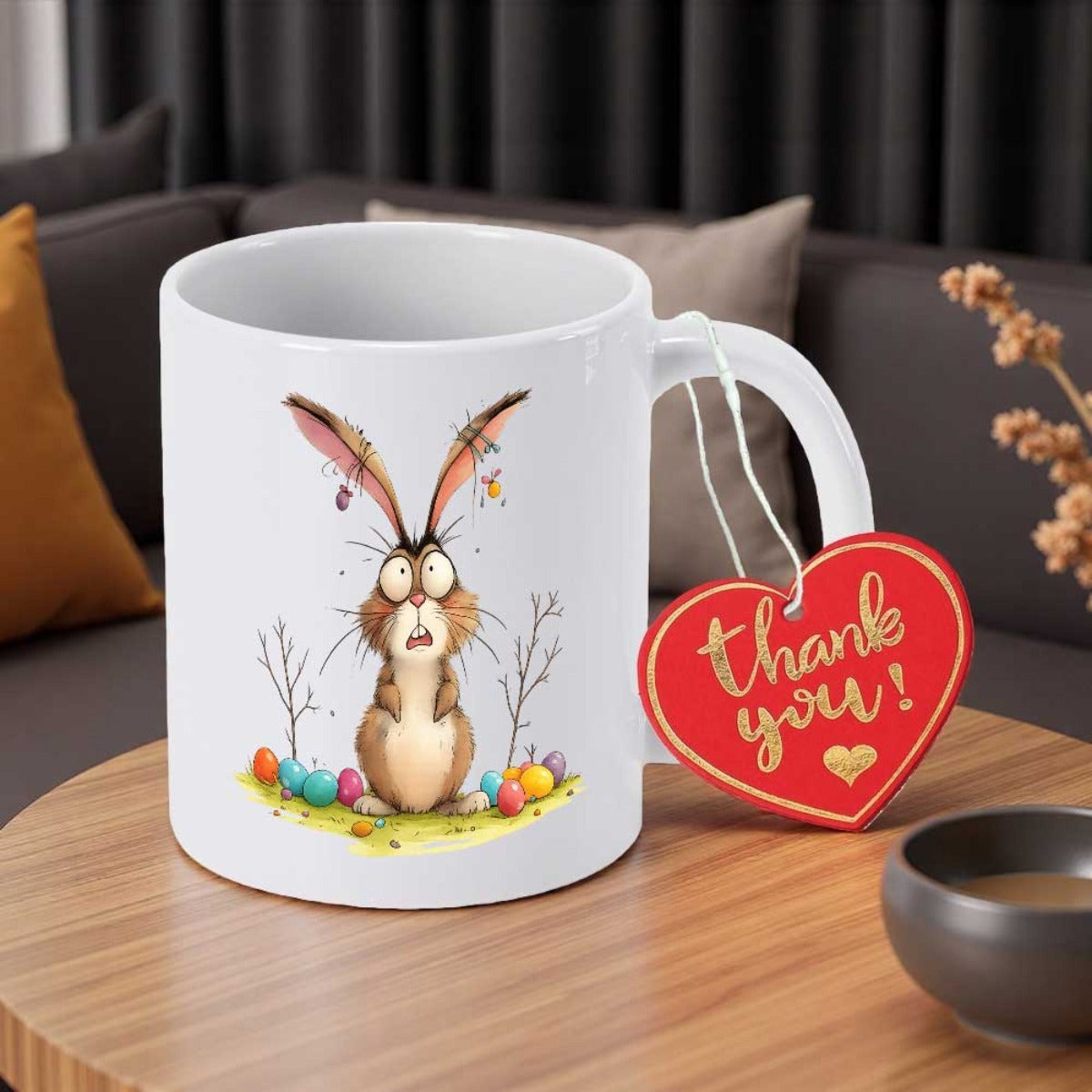 Tailorly White Ceramic 11 oz Mug - Thank You Whimsical Long Eared Bunny Sitting Among Colorful Easter Eggs On Grass Rabbit