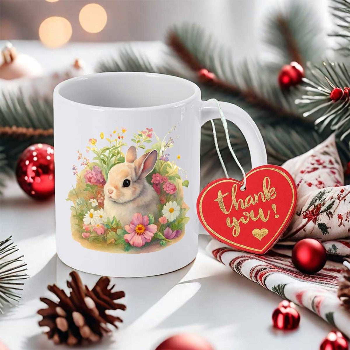 Tailorly White Ceramic 11 oz Mug - Thank You Adorable Brown Bunny Sitting In A Blooming Garden With Colorful Spring Blossoms Rabbit