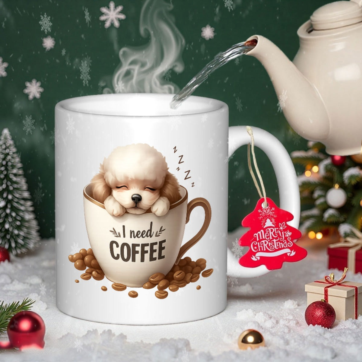 Tailorly White Ceramic 11 oz Mug - I Need Coffee Adorable Fluffy Puppy Sleeping Inside A Warm Decorative Cup Dog