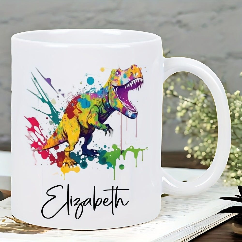 Tailorly White Ceramic 11 oz Mug - Elizabeth Vibrant Splashes Of Colorful Paint Creating A Roaring Prehistoric Creature Dinosaur