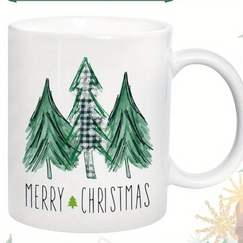 Tailorly White Ceramic 11 oz Mug - Merry Christmas Three Artistic Hand Drawn Pine Trees Featuring Buffalo Plaid Textures Christmas Tree