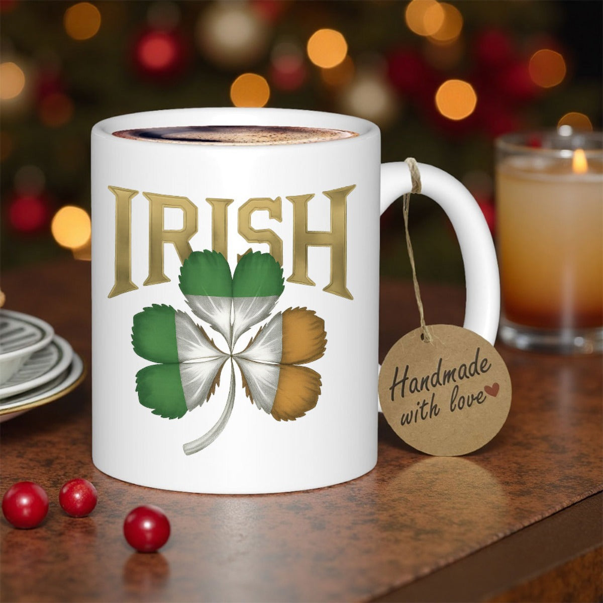 Tailorly White Ceramic 11 oz Mug - Irish Vibrant Green White And Orange Flag Colored Decorative Four Leaf Shamrock