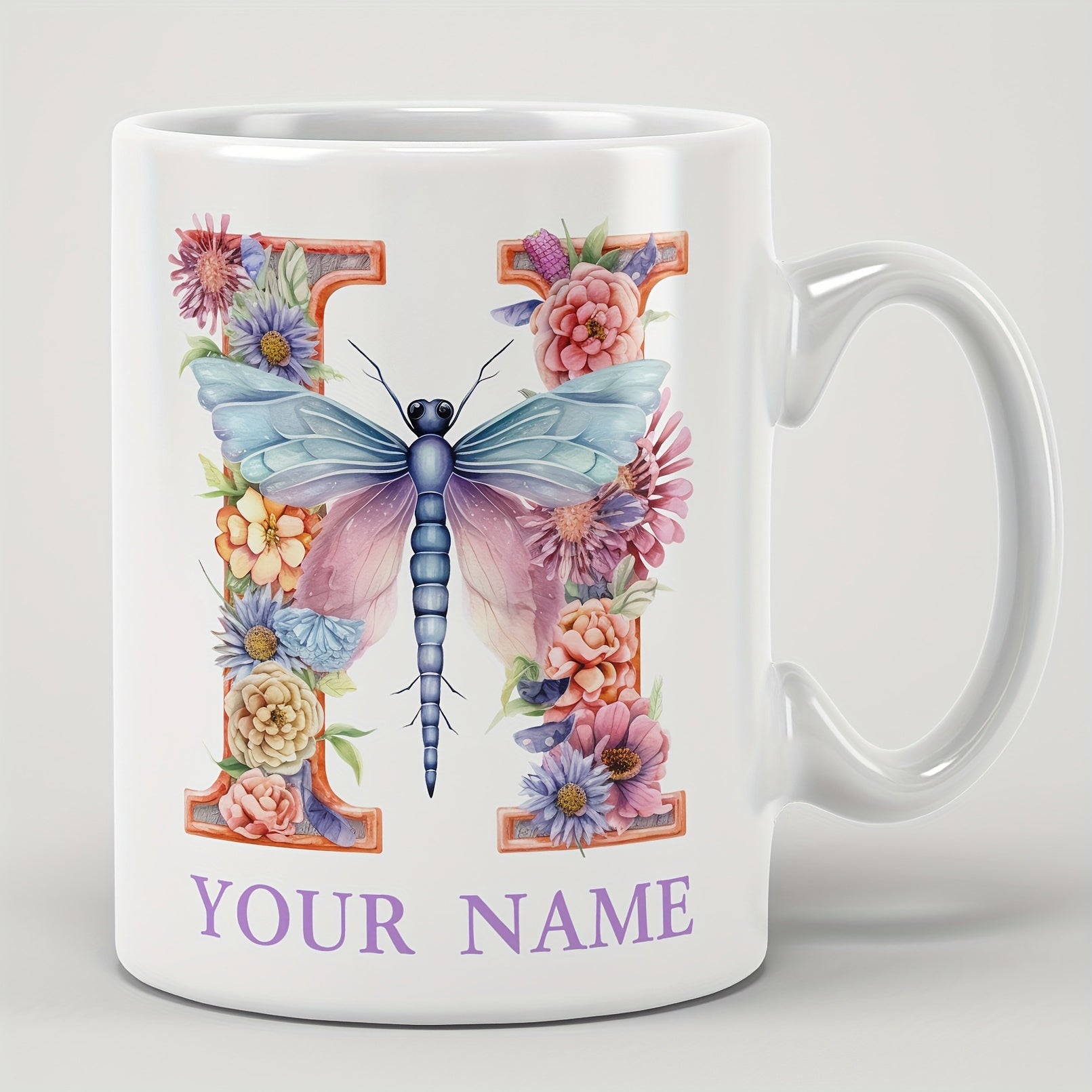 Tailorly White Ceramic 11 oz Mug - Your Name Elegant Floral Letter Pattern Surrounded By A Beautiful Spreading Wing Dragonfly