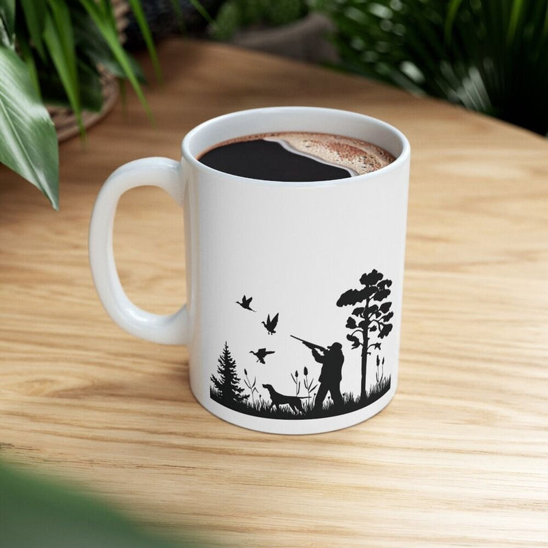 Tailorly White Ceramic 11 oz Mug - Classic Outdoor Scene With Hunter And Dog Under Pine Tree Silhouette