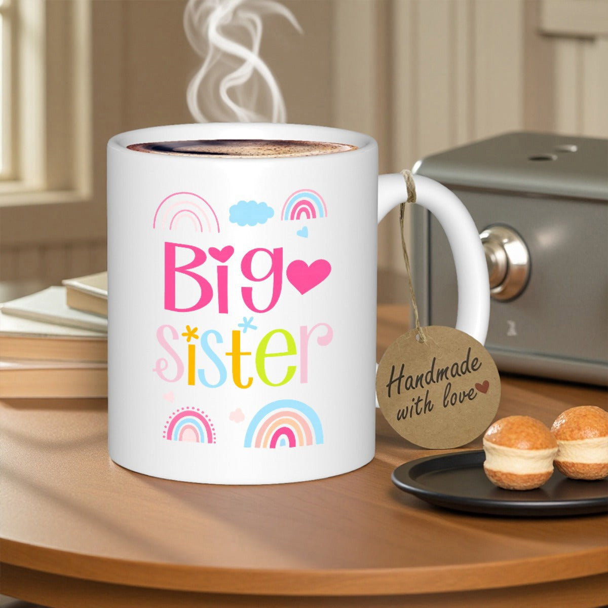 Tailorly White Ceramic 11 oz Mug - Big Sister Colorful Pastel Hearts And Stars Floating Around A Bright Cheerful Rainbow