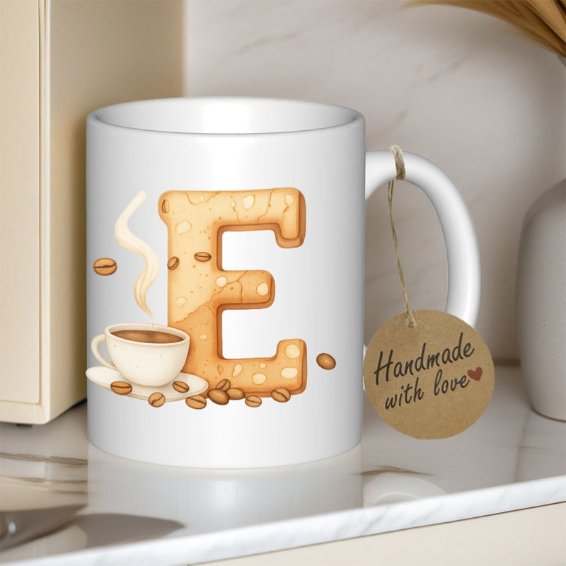 Tailorly White Ceramic 11 oz Mug - Handmade With Love Stylized Cookie Texture Letter E With Hot Coffee Cup And Beans Mug