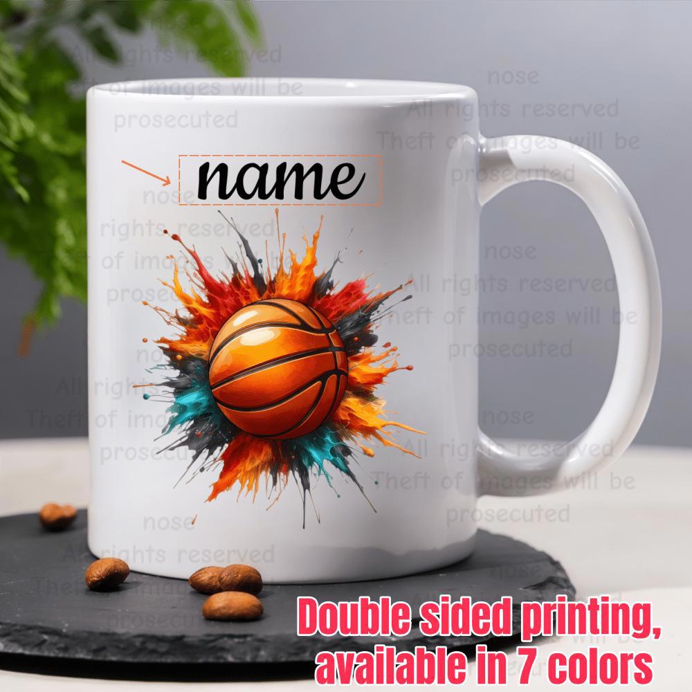 Tailorly White Ceramic 11 oz Mug - Name Dynamic Energetic Colorful Paint Splash Surrounding An Athletic Textured Orange Basketball
