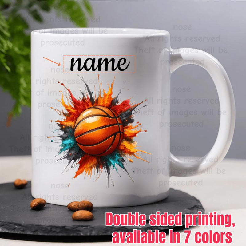 Tailorly White Ceramic 11 oz Mug - Name Dynamic Energetic Colorful Paint Splash Surrounding An Athletic Textured Orange Basketball