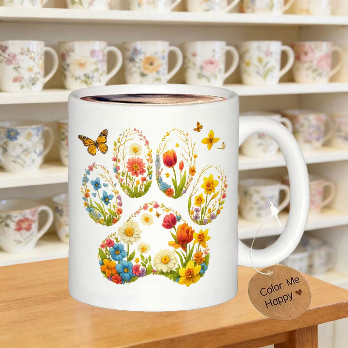 Tailorly White Ceramic 11 oz Mug - Color Me Happy Blooming Vibrant Spring Wildflowers Forming A Beautiful Floral Paw