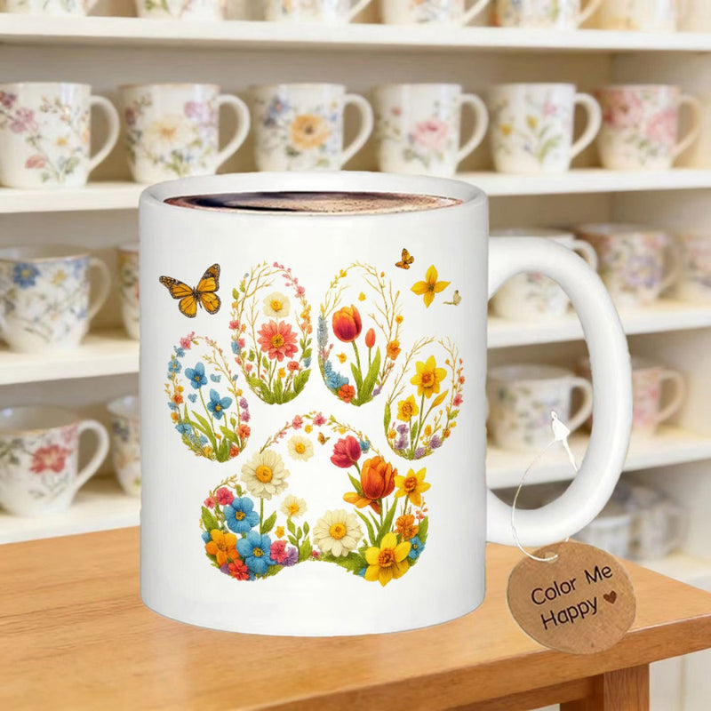 Tailorly White Ceramic 11 oz Mug - Color Me Happy Blooming Vibrant Spring Wildflowers Forming A Beautiful Floral Paw