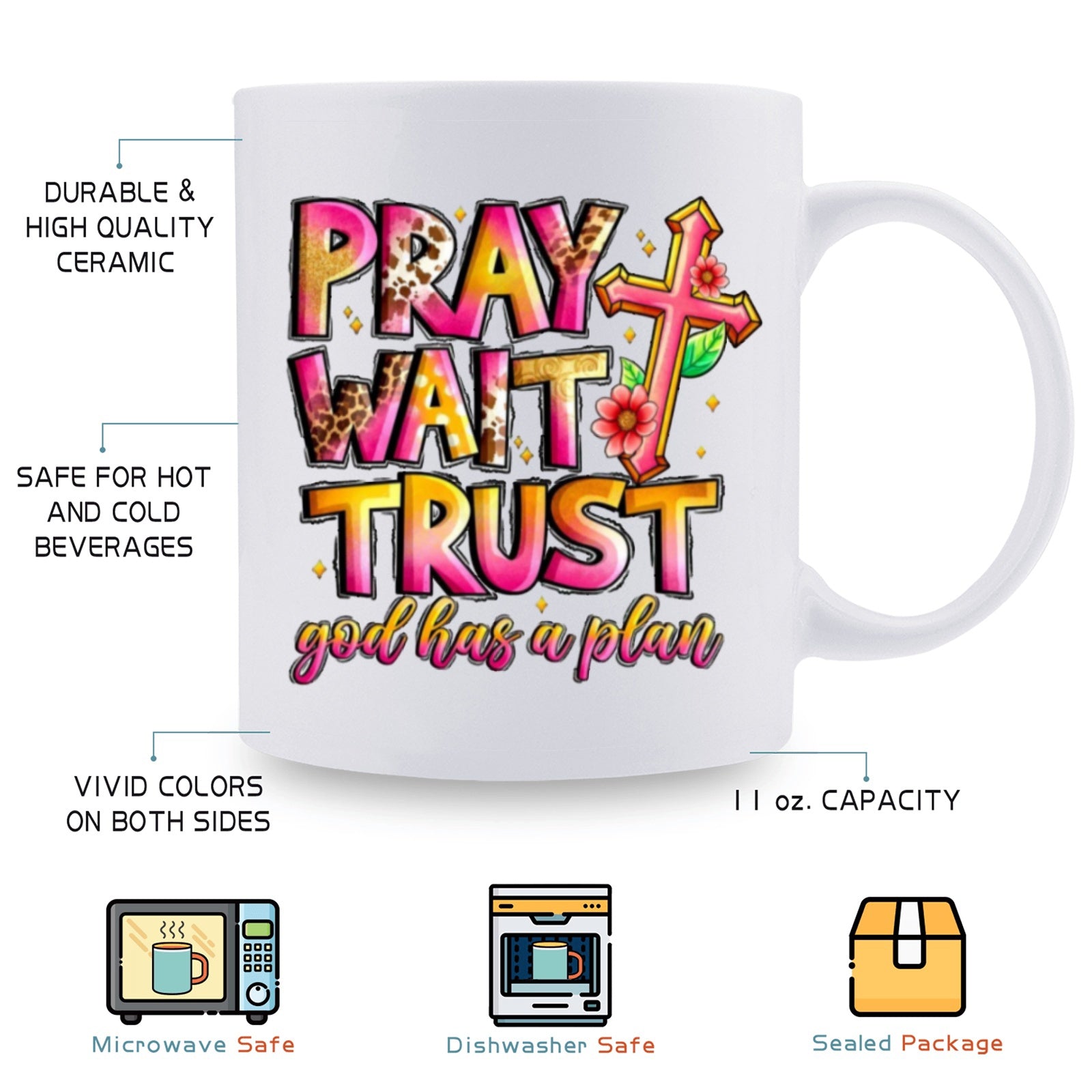 Tailorly White Ceramic 11 oz Mug - Pray Wait Trust God Has A Plan Vibrant Pink And Gold Gradient With Leopard Print Floral Accents Cross