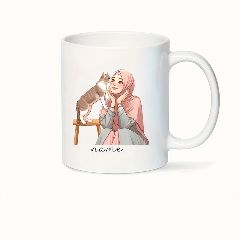 Tailorly White Ceramic 11 oz Mug - Name Beautiful Muslim Woman Wearing Pink Hijab Bonding With A Tabby Woman