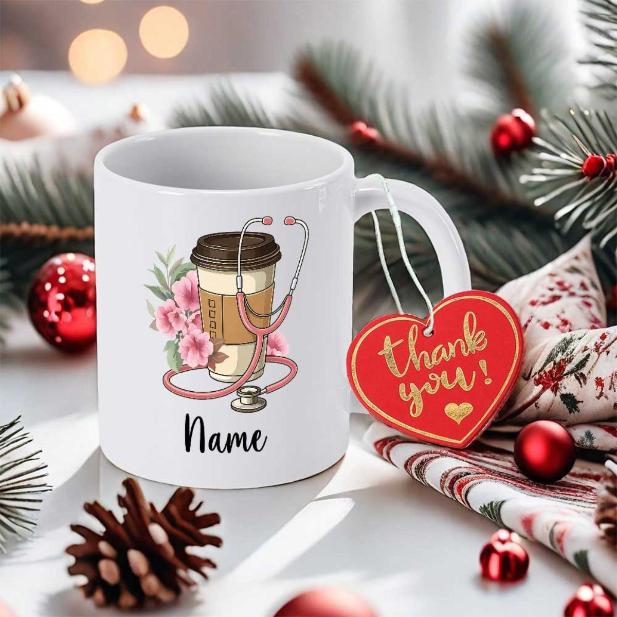 Tailorly White Ceramic 11 oz Mug - Name Thank You Delicate Pink Stethoscope Wrapped Around Hot Coffee With Blooming Flowers Cup