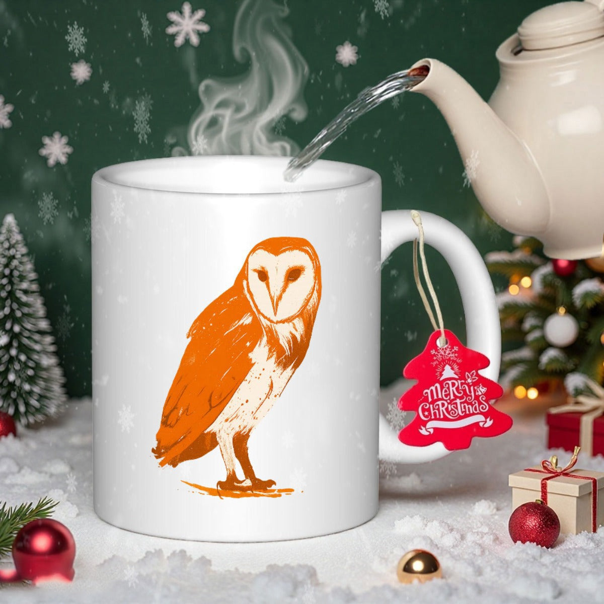Tailorly White Ceramic 11 oz Mug - Merry Christmas Minimalist Orange And White Sketch Stylized Standing Barn Owl