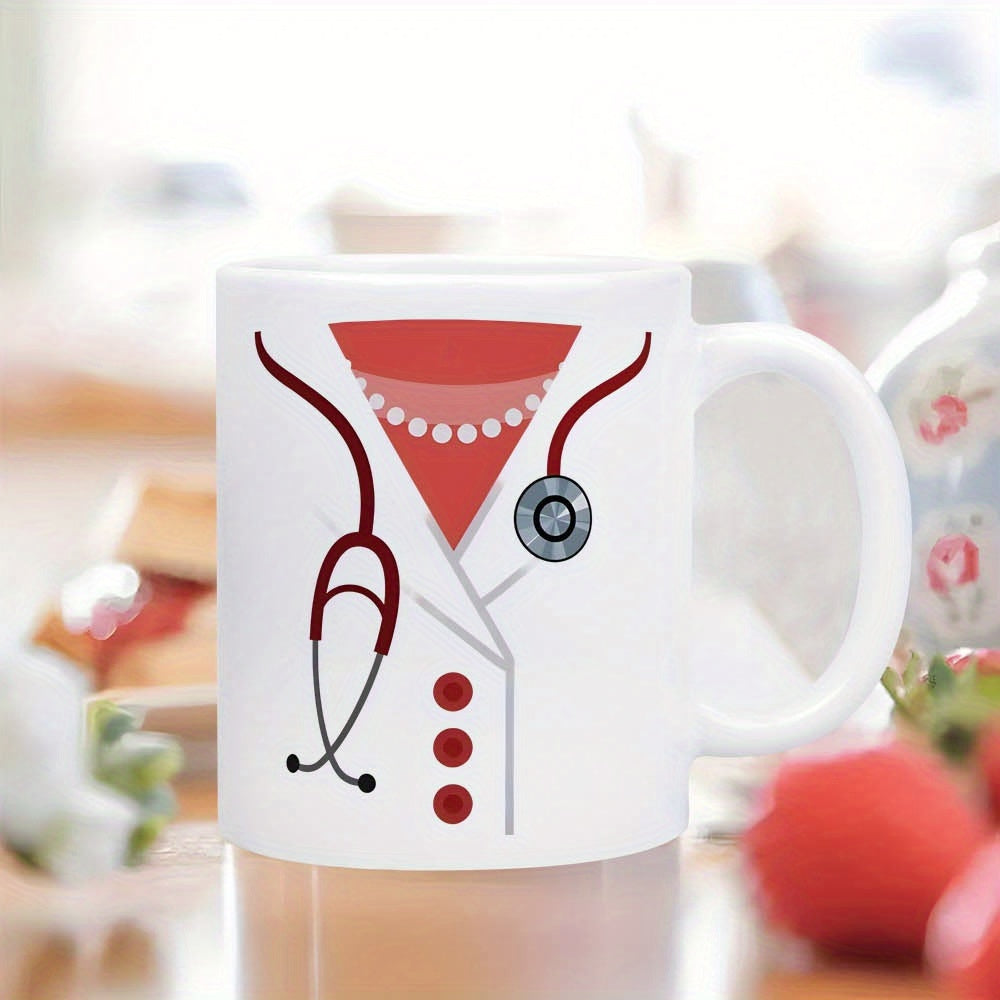 Tailorly White Ceramic 11 oz Mug - Professional Medical White Coat Featuring A Stethoscope And Elegant Pearl Necklace Uniform