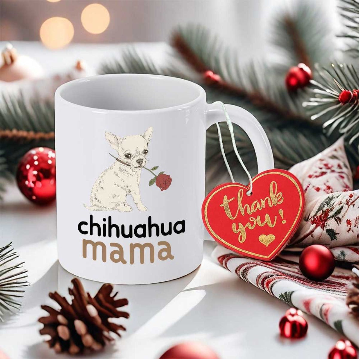 Tailorly White Ceramic 11 oz Mug - Chihuahua Mama Cute White Dog Holding A Beautiful Red Blooming Rose Flower In Mouth Chihuahua