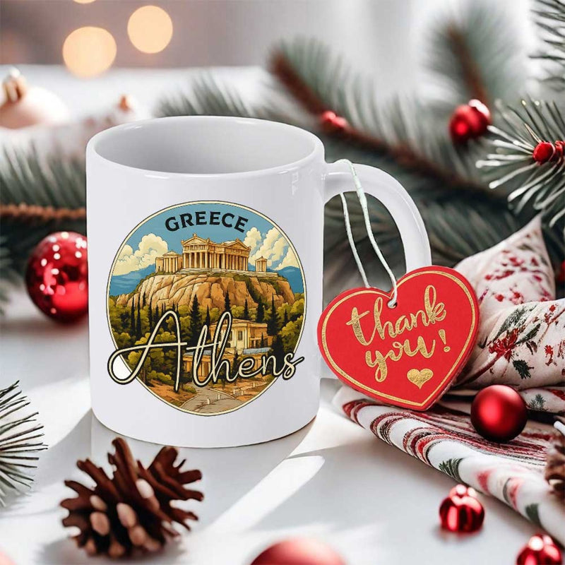 Tailorly White Ceramic 11 oz Mug - Greece Athens Majestic Ancient Temple Sitting High Atop A Rocky Green Hill Acropolis