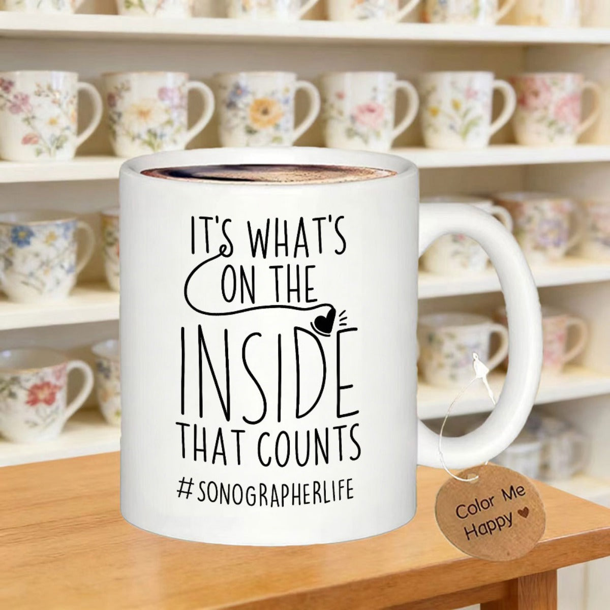 Tailorly White Ceramic 11 oz Mug - Its Whats On The Inside That Counts Sonographerlife Simple Medical Tool Forming A Heart Shape In Minimalist Style Stethoscope