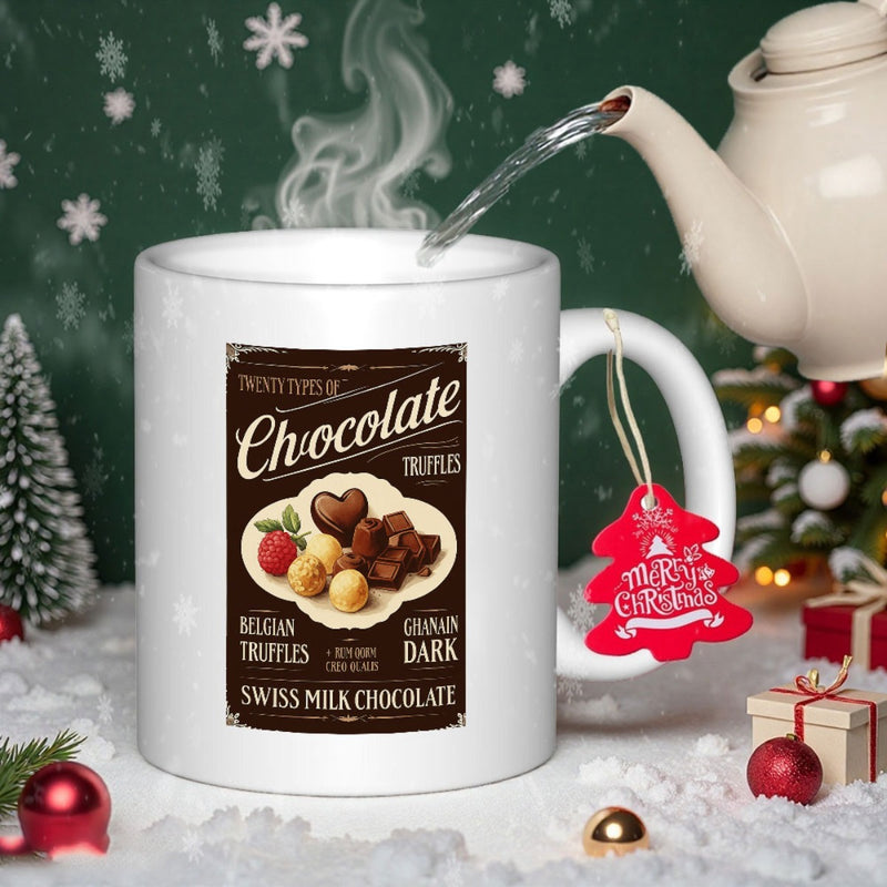 Tailorly White Ceramic 11 oz Mug - Chocolate Truffles Belgian German Swiss Milk Chocolate Vintage Label Design Featuring Assorted Pralines And Rich German Dark