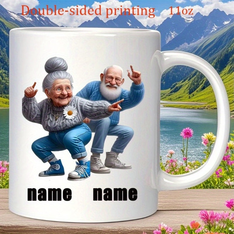 Tailorly White Ceramic 11 oz Mug - Name Name Joyful Dancing Elderly Couple Wearing Casual Stylish Clothes Couple