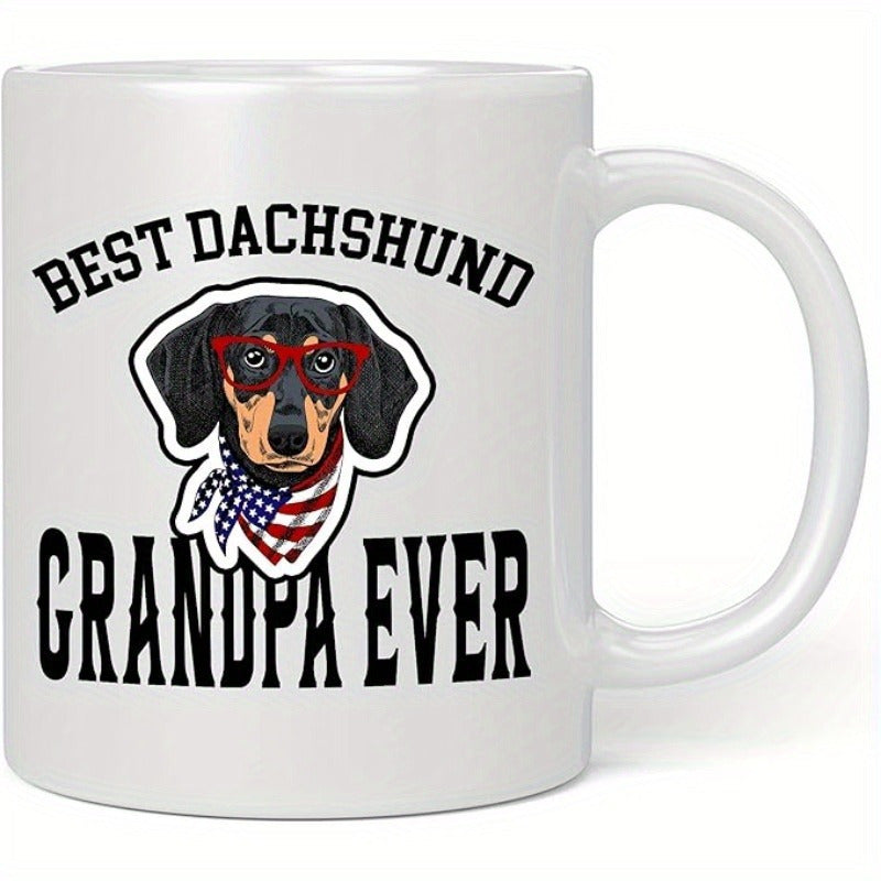 Tailorly White Ceramic 11 oz Mug - Best Dachshund Grandpa Ever Wearing Red Glasses And Patriotic Stars And Stripes Themed Bandana Dachshund