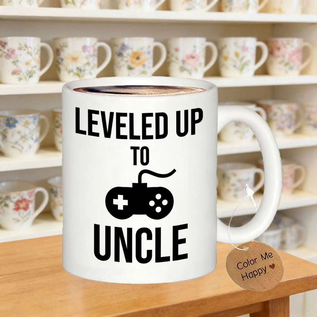 Tailorly White Ceramic 11 oz Mug - Leveled Up To Uncle Classic Black Video Game Controller Silhouette With Bold Typography Controller