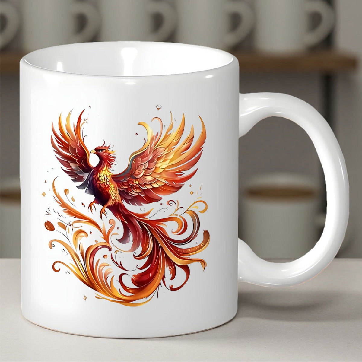 Tailorly White Ceramic 11 oz Mug - Majestic Mythical Bird Rising From Swirling Golden And Orange Fiery Flames Phoenix