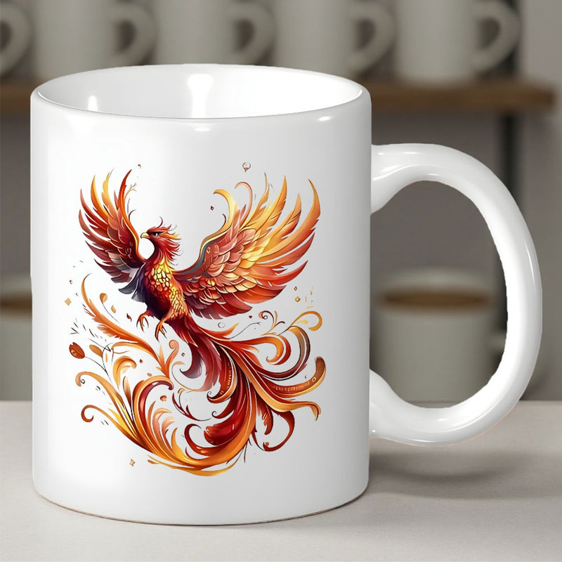 Tailorly White Ceramic 11 oz Mug - Majestic Mythical Bird Rising From Swirling Golden And Orange Fiery Flames Phoenix