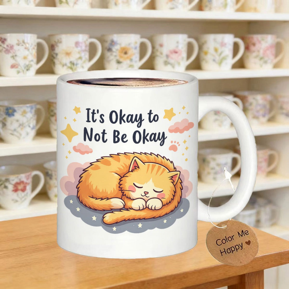 Tailorly White Ceramic 11 oz Mug - Its Okay To Not Be Okay Adorable Sleeping Ginger Feline Resting Peacefully On A Soft Polka Dot Cloud Cat