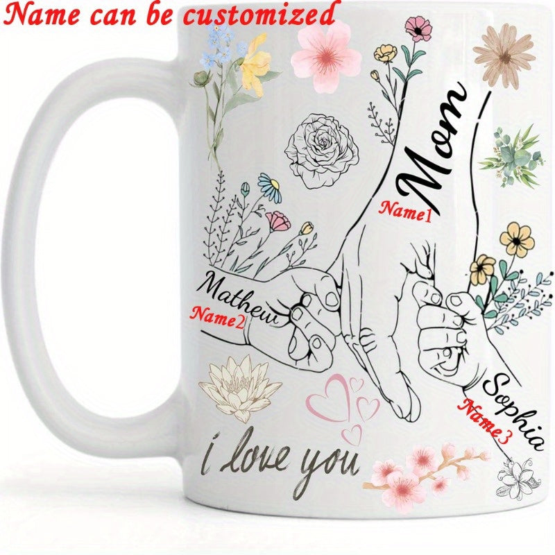 Tailorly White Ceramic 11 oz Mug - Mom Mathew Sophia I Love You Delicate Wildflowers With Floral Accents Surrounding Gentle Family Hands