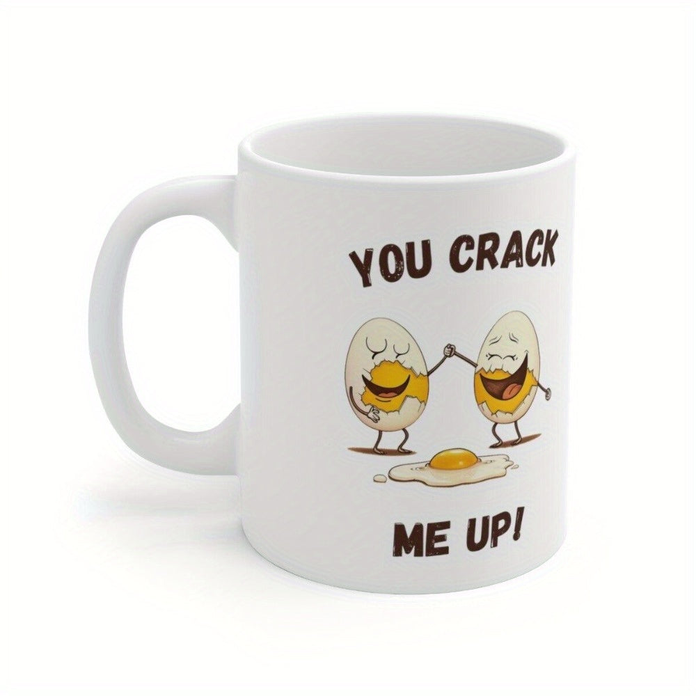 Tailorly White Ceramic 11 oz Mug - You Crack Me Up Two Joyful Cartoon Eggs High Fiving Over Spilled Yolk Egg
