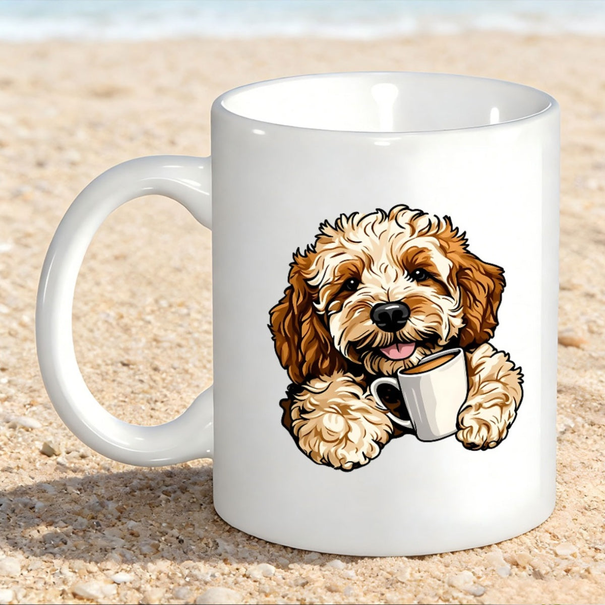 Tailorly White Ceramic 11 oz Mug - Adorable Fluffy Brown Puppy Holding Small White Coffee Cup Dog
