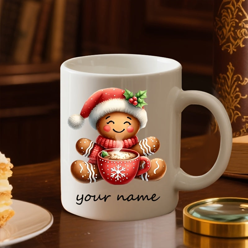 Tailorly White Ceramic 11 oz Mug - Your Name Adorable Festive Cookie Wearing Red Santa Hat Holding Warm Cocoa Gingerbread Man