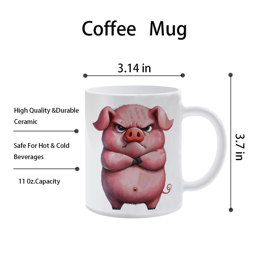 Tailorly White Ceramic 11 oz Mug - Coffee Mug Grumpy Pink Pig Standing Boldly With Folded Arms Pig