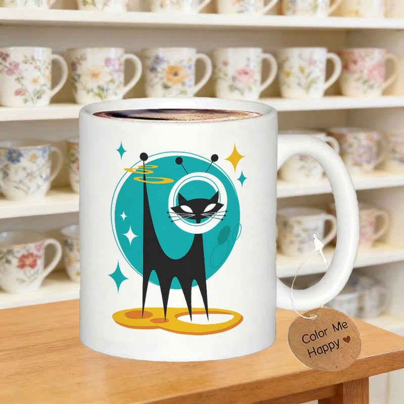 Tailorly White Ceramic 11 oz Mug - Color Me Happy Retro Atomic Style Space Illustration With Turquoise Moon And Stars Cat
