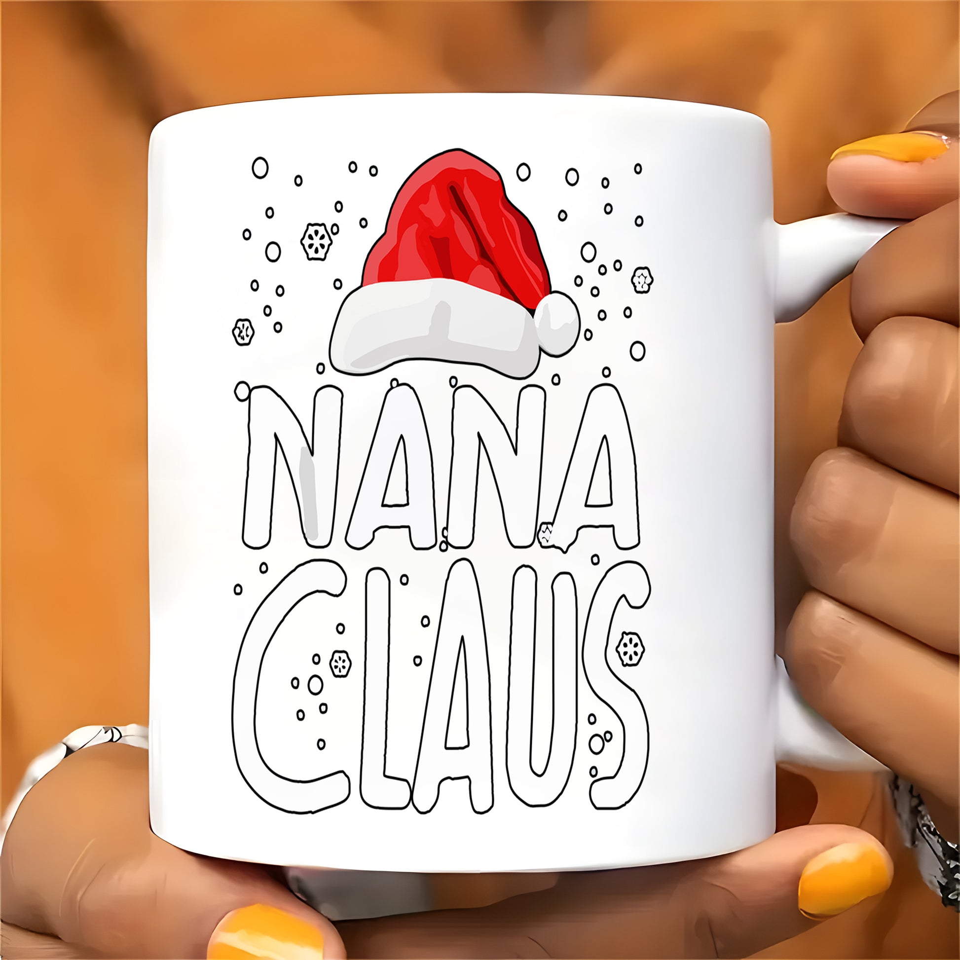 Tailorly White Ceramic 11 oz Mug - Nana Claus Festive Red Santa Hat Resting Above Artistic Lettering Among Drifting Snowflakes Hat
