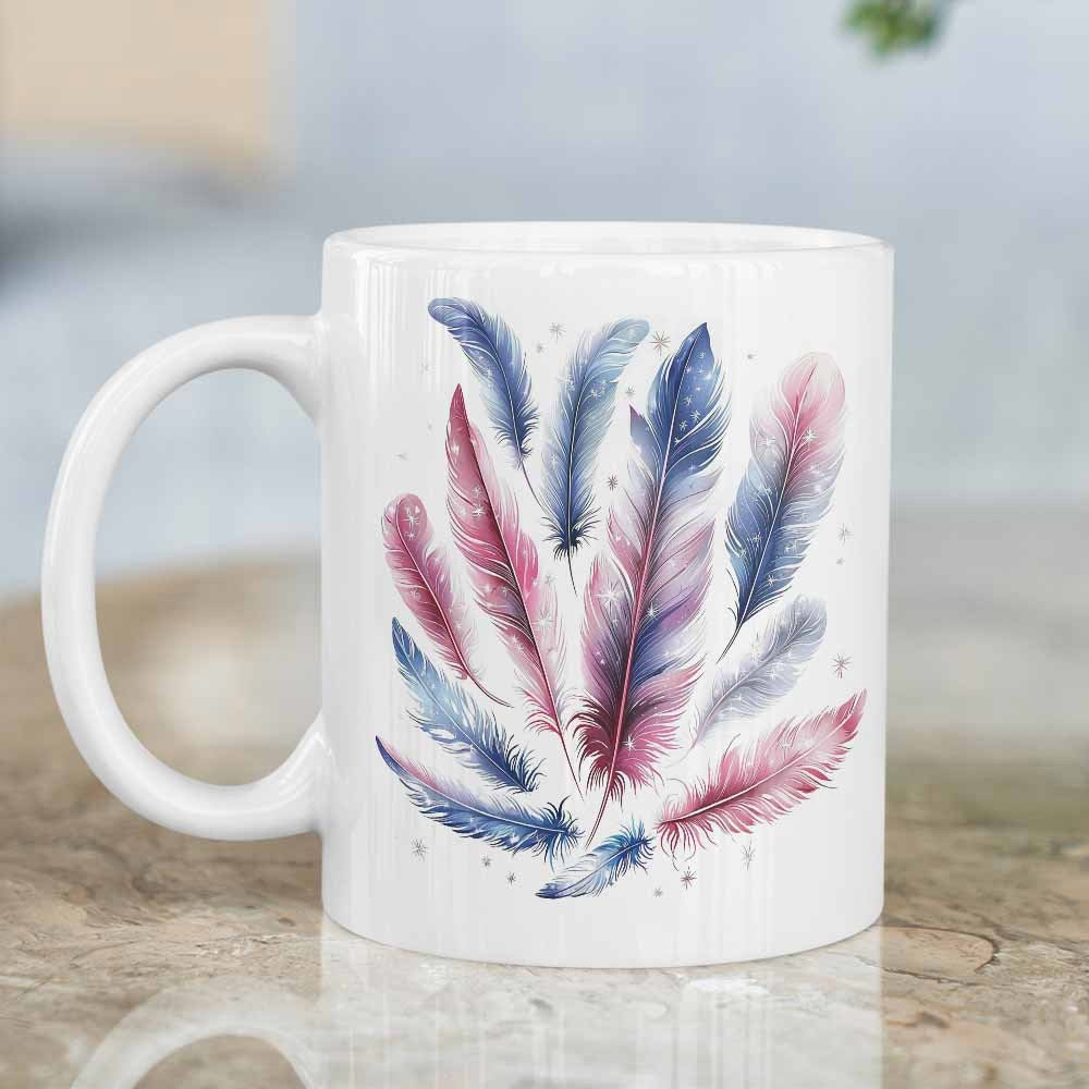 Tailorly White Ceramic 11 oz Mug - Delicate Watercolor Pastel Colors With Sparkling Tiny Star Accents Soft Feather