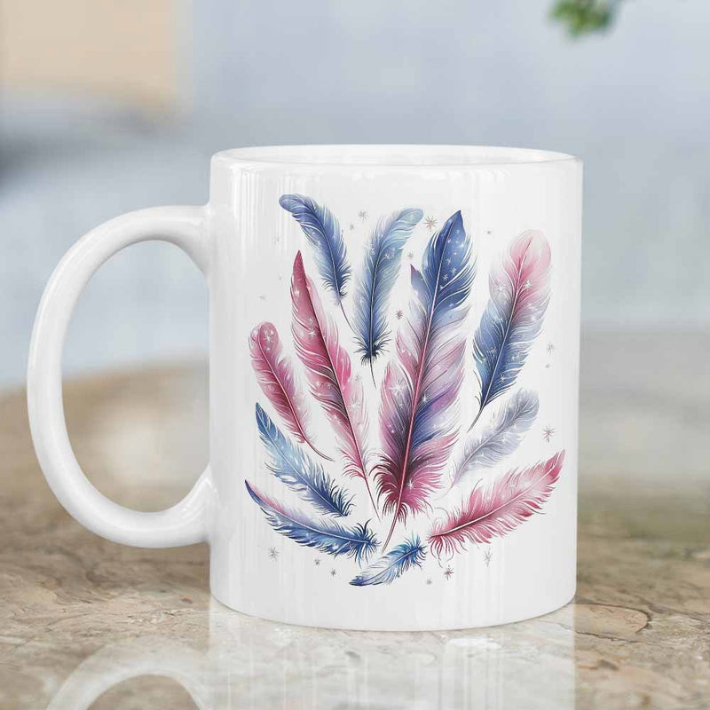 Tailorly White Ceramic 11 oz Mug - Delicate Watercolor Pastel Colors With Sparkling Tiny Star Accents Soft Feather