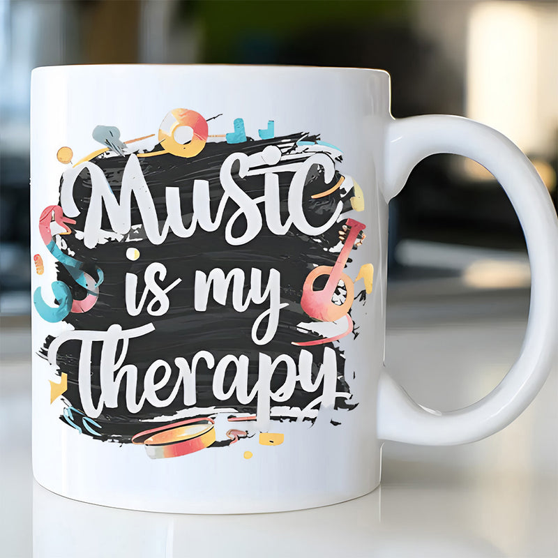 Tailorly White Ceramic 11 oz Mug - Music Is My Therapy Vibrant Colorful Artistic Symbols Floating Above A Black Brushstroke Background Notes