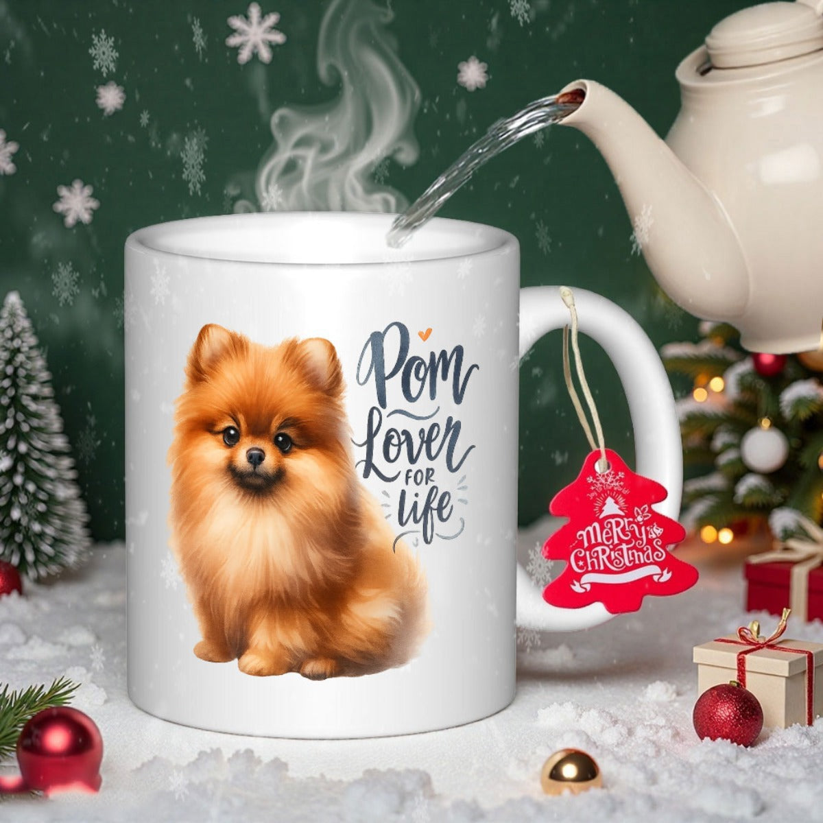 Tailorly White Ceramic 11 oz Mug - Pom Lover For Life Adorable Fluffy Orange Dog Sitting Peacefully Among The Winter Snow Pomeranian